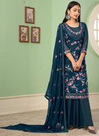 Vegaa Fashion Blue Georgette Embroidery Designer Sharara Suit | Grocsy