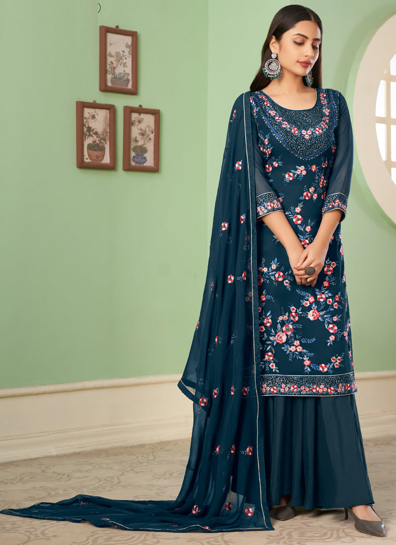 Vegaa Fashion Blue Georgette Embroidery Designer Sharara Suit | Grocsy