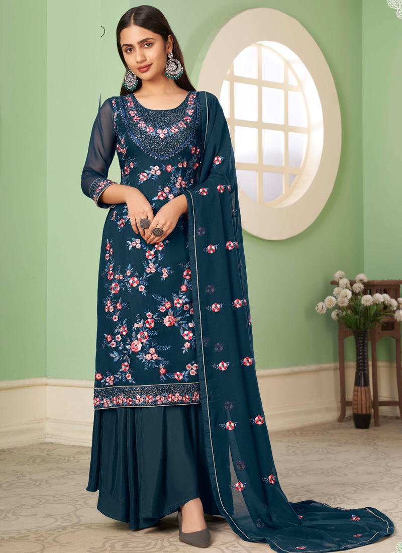 Vegaa Fashion Blue Georgette Embroidery Designer Sharara Suit | Grocsy