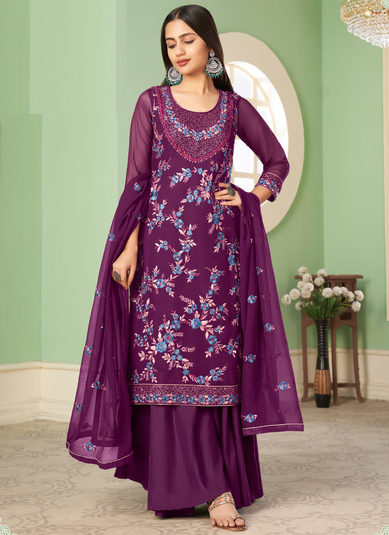 Vegaa Fashion Violet Georgette Embroidery Designer Sharara Suit | Grocsy