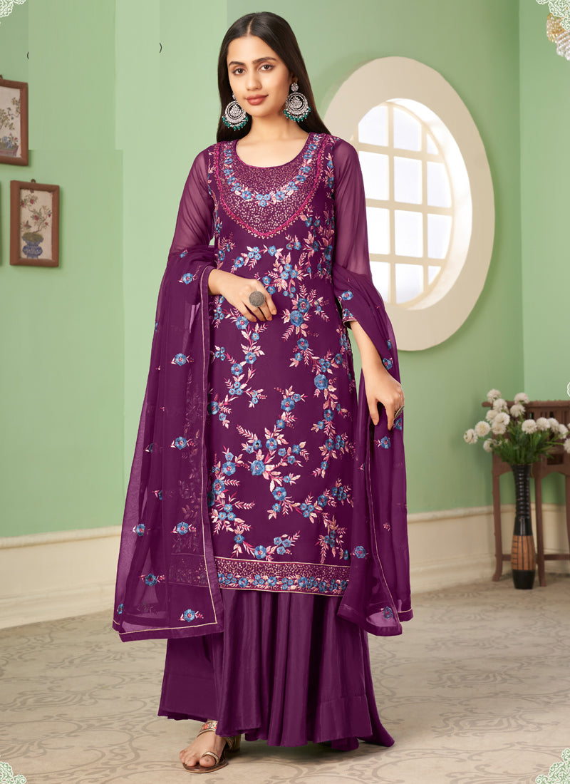 Vegaa Fashion Violet Georgette Embroidery Designer Sharara Suit | Grocsy