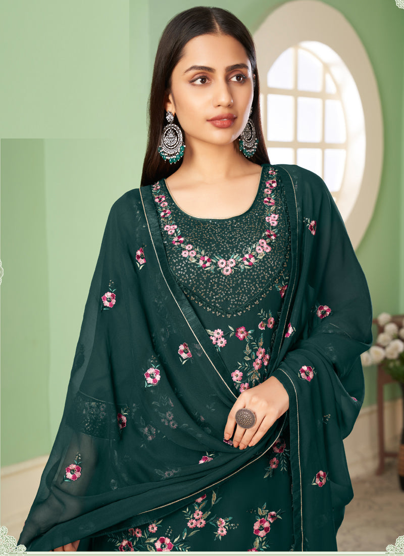 Vegaa Fashion Dark Green Georgette Embroidery Designer Sharara Suit | Grocsy