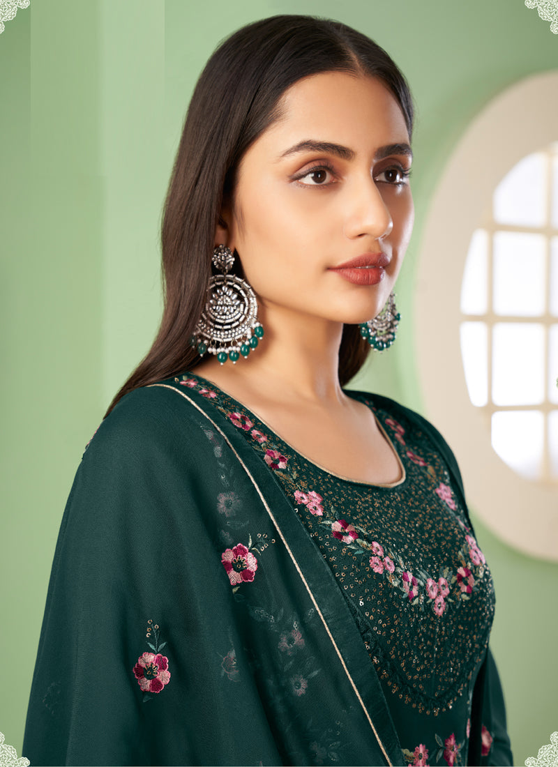 Vegaa Fashion Dark Green Georgette Embroidery Designer Sharara Suit | Grocsy