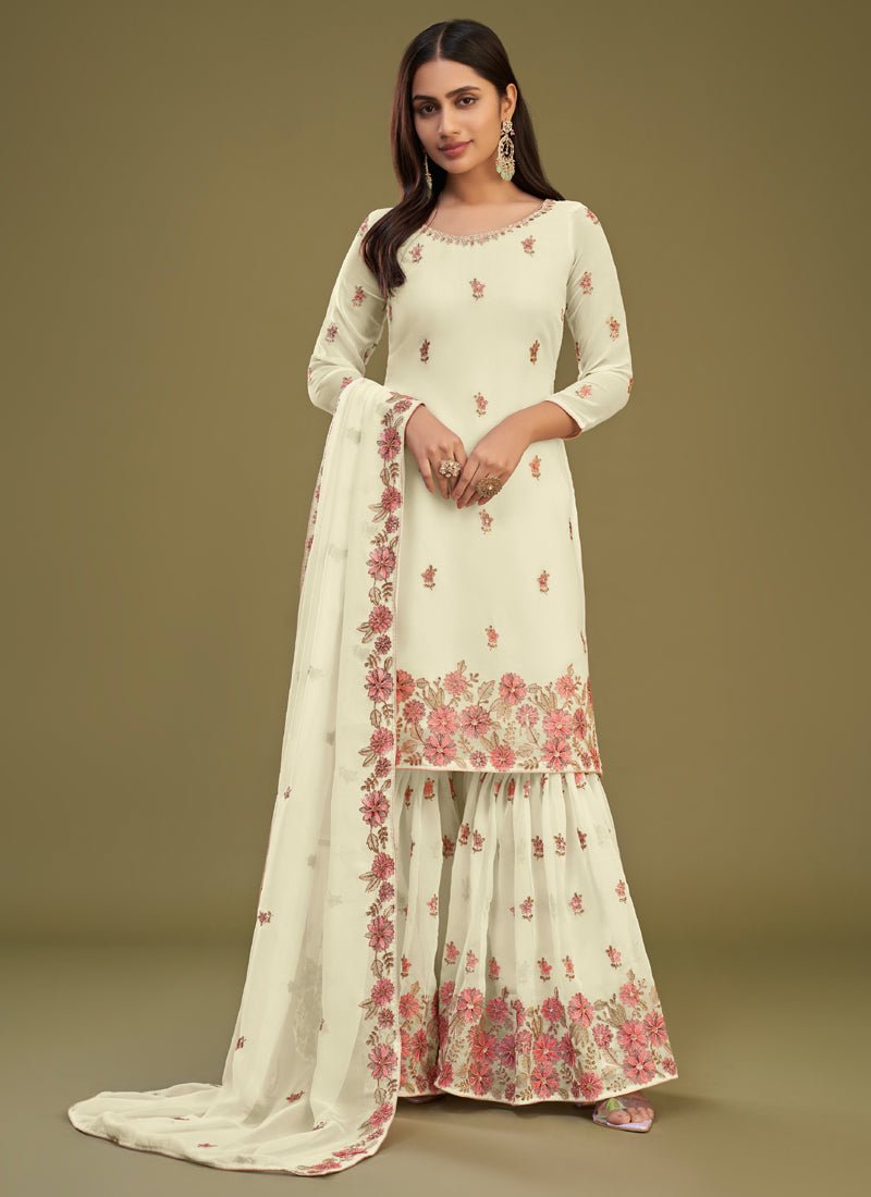 Vegaa Fashion Lemon Yellow Georgette Embroidery Designer Sharara Suit | Grocsy