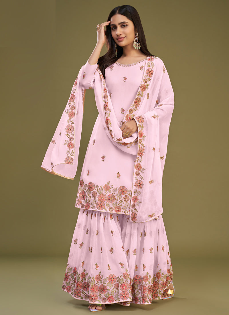 Vegaa Fashion Pink Georgette Embroidery Designer Sharara Suit | Grocsy