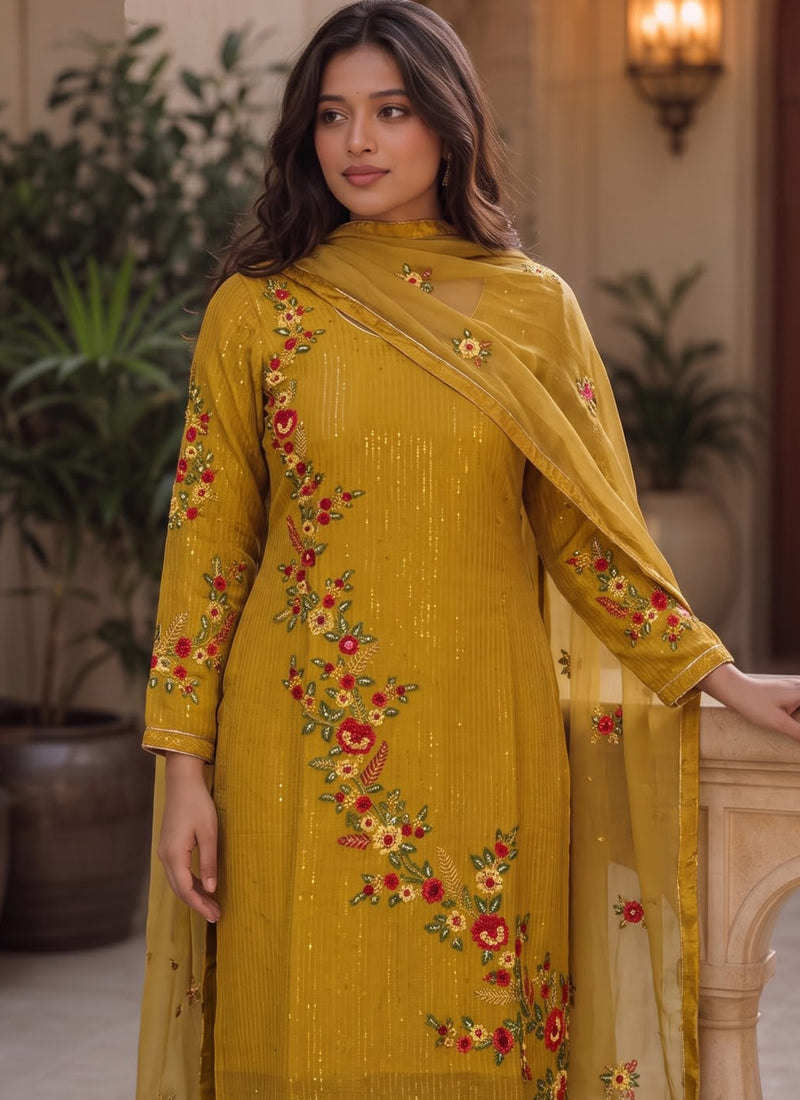 Vegaa Fashion Yellow Embroidered Georgette Straight suit | Grocsy