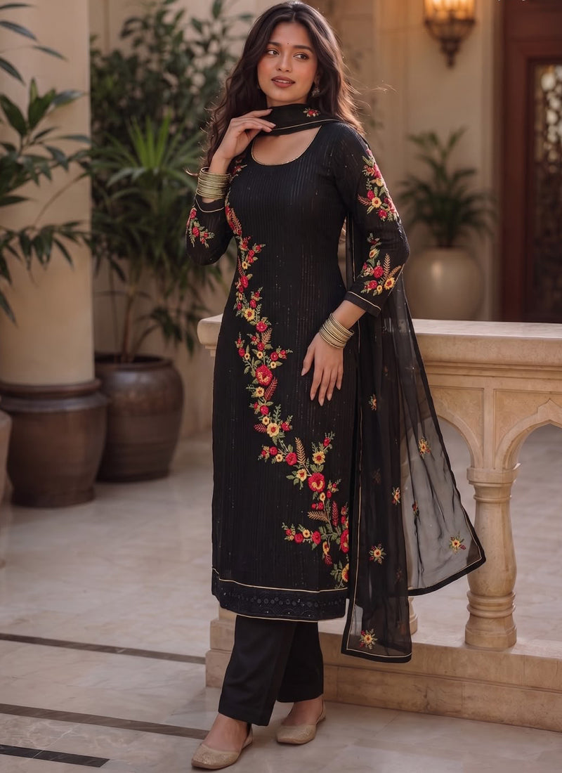 Vegaa Fashion Black Embroidered Georgette Straight suit | Grocsy
