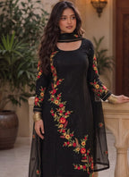 Vegaa Fashion Black Embroidered Georgette Straight suit | Grocsy