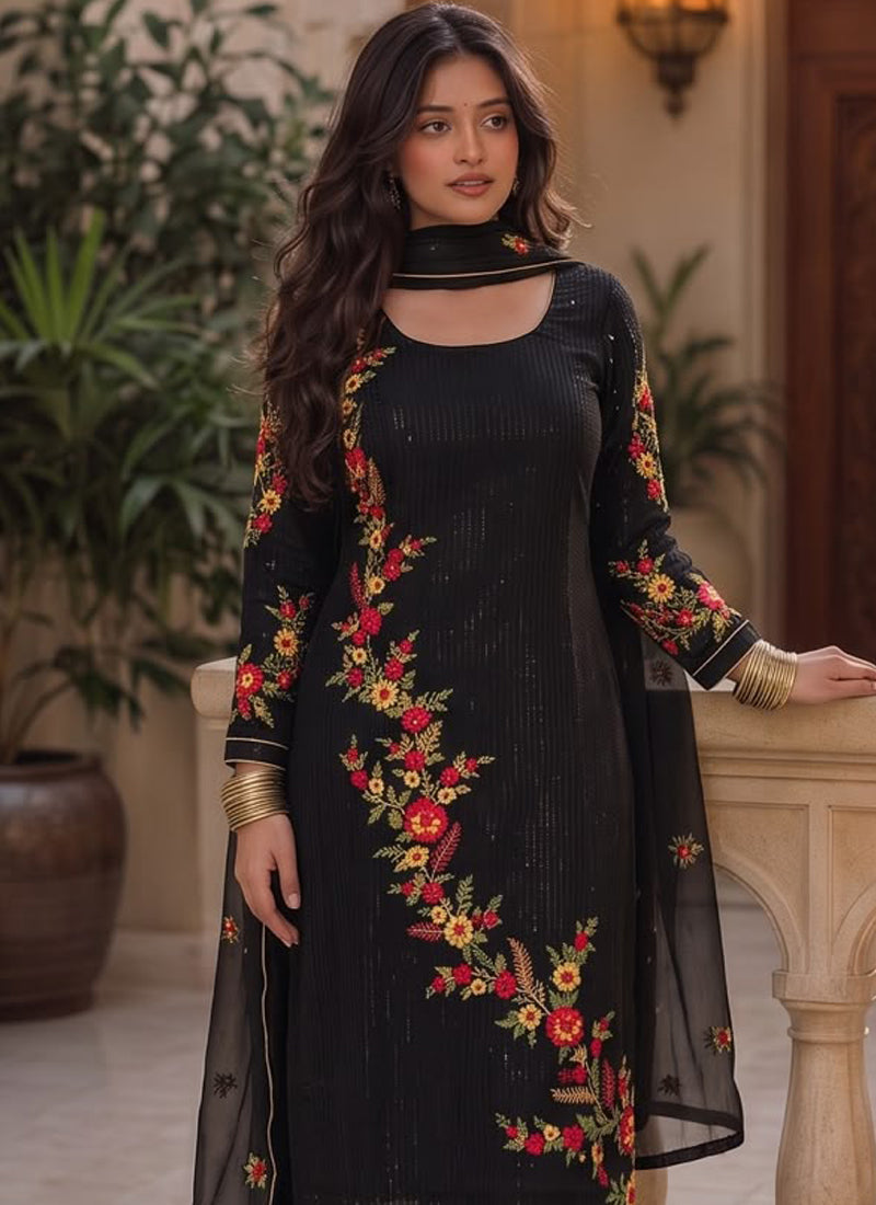Vegaa Fashion Black Embroidered Georgette Straight suit | Grocsy
