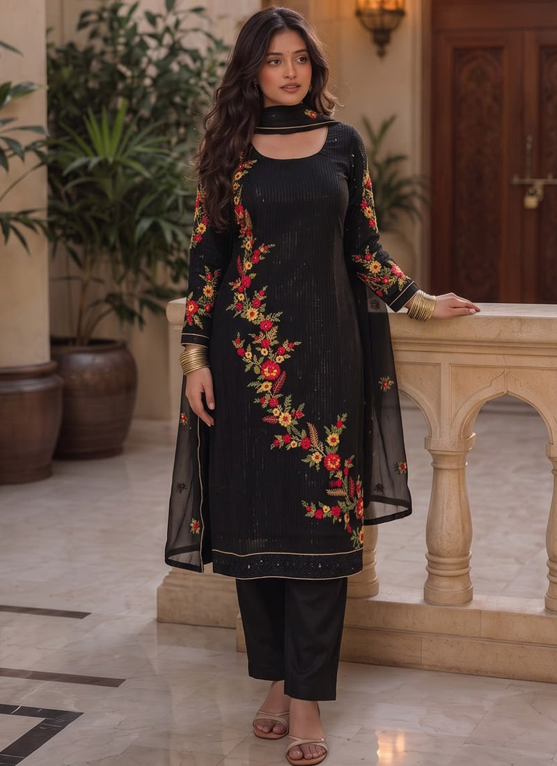 Vegaa Fashion Black Embroidered Georgette Straight suit | Grocsy