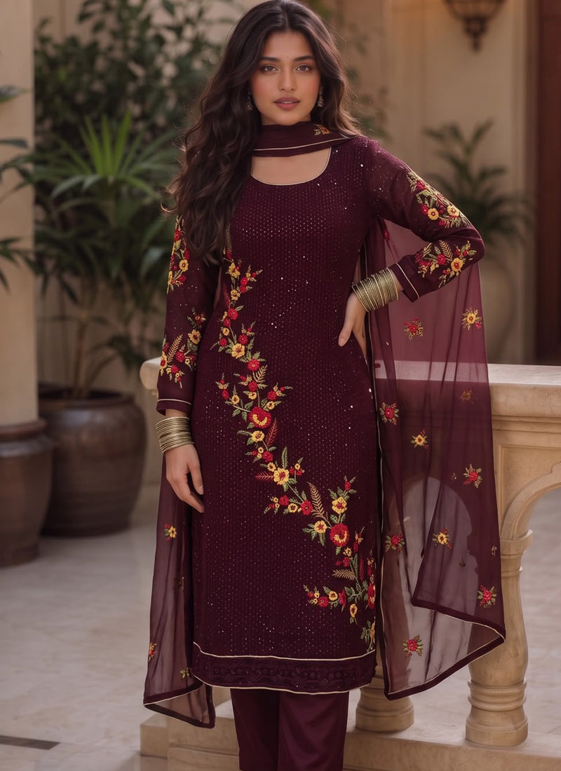 Vegaa Fashion Wine Embroidered Georgette Straight suit | Grocsy