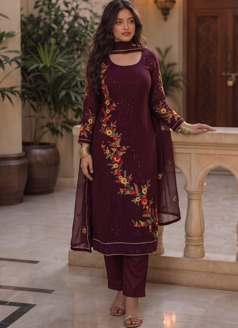 Vegaa Fashion Wine Embroidered Georgette Straight suit | Grocsy