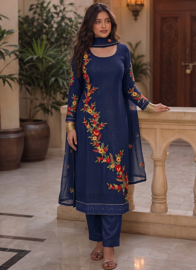 Vegaa Fashion Dark royal blue Embroidered Georgette Straight suit | Grocsy
