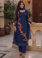 Vegaa Fashion Dark royal blue Embroidered Georgette Straight suit | Grocsy