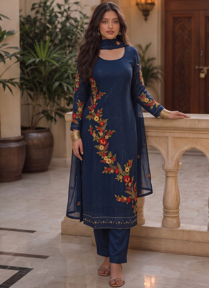 Vegaa Fashion Dark royal blue Embroidered Georgette Straight suit | Grocsy