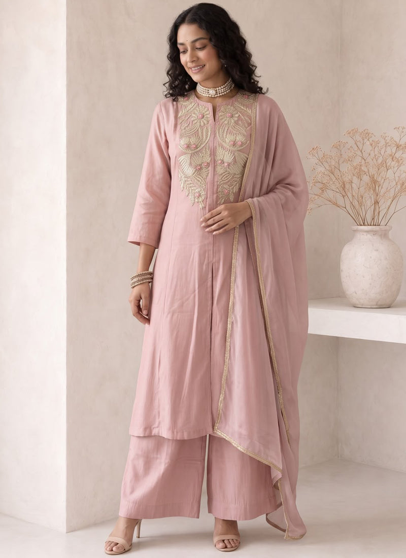 Vegaa Fashion Peach Embroidered Roman silk Salwar Suit | Grocsy
