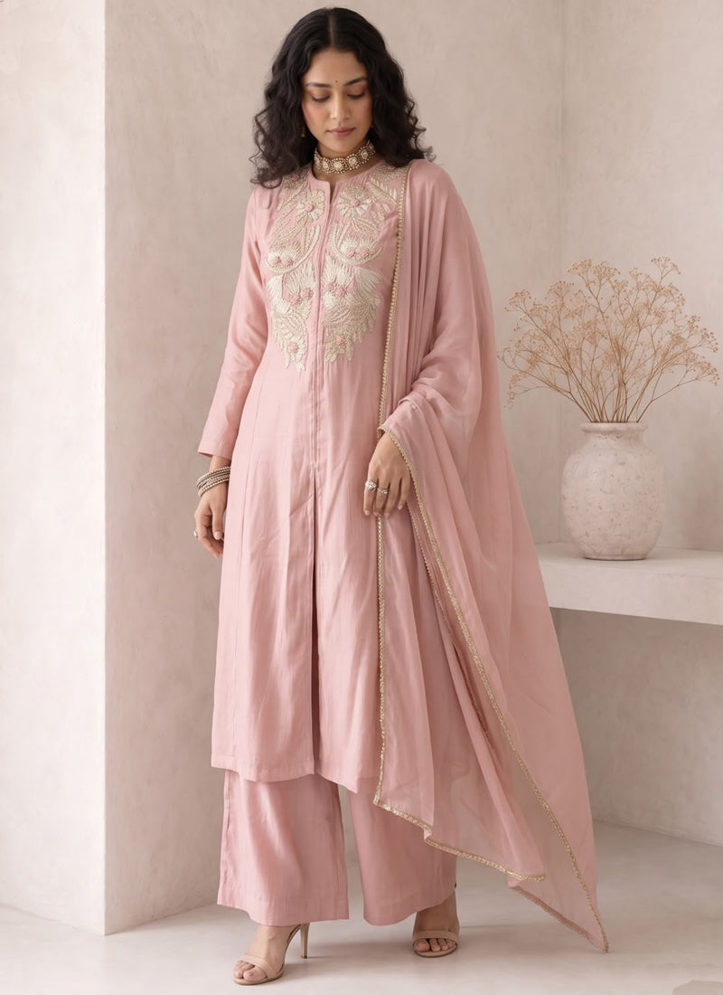 Vegaa Fashion Peach Embroidered Roman silk Salwar Suit | Grocsy