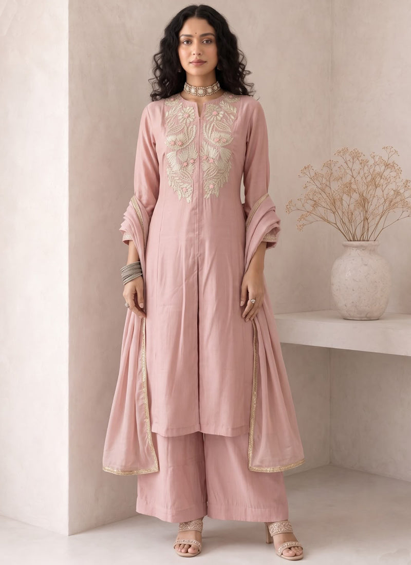 Vegaa Fashion Peach Embroidered Roman silk Salwar Suit | Grocsy