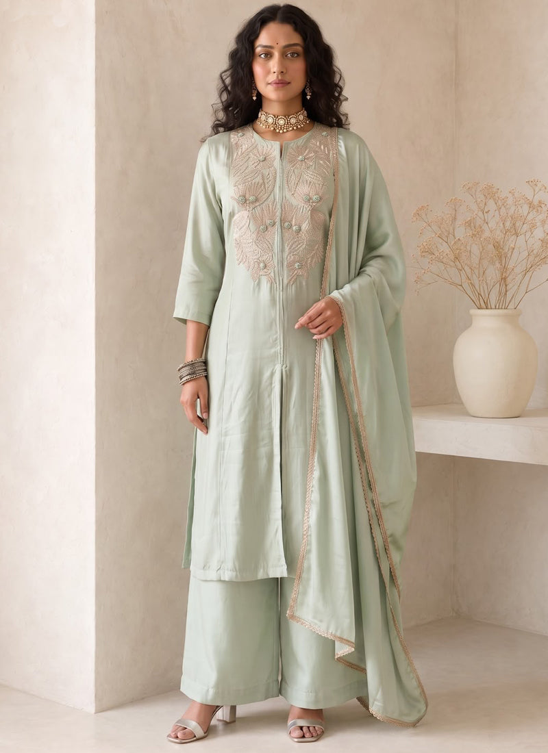 Vegaa Fashion Sea Green Embroidered Roman silk Salwar Suit | Grocsy