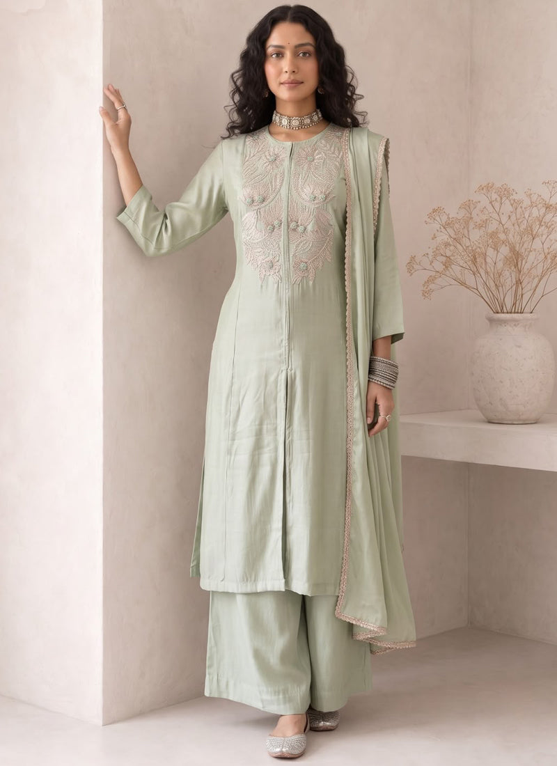 Vegaa Fashion Sea Green Embroidered Roman silk Salwar Suit | Grocsy