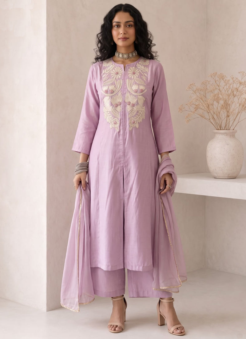 Vegaa Fashion Lavender Embroidered Roman silk Salwar Suit | Grocsy