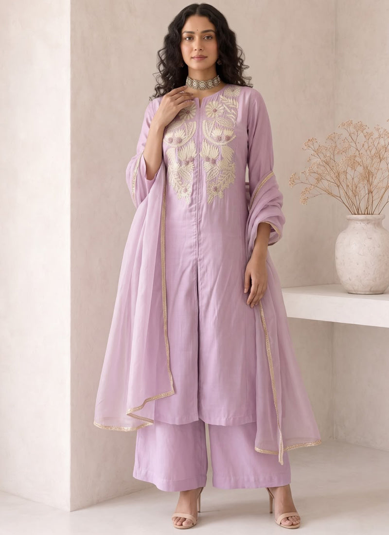 Vegaa Fashion Lavender Embroidered Roman silk Salwar Suit | Grocsy