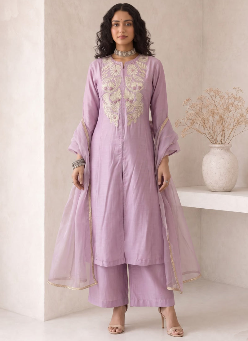 Vegaa Fashion Lavender Embroidered Roman silk Salwar Suit | Grocsy