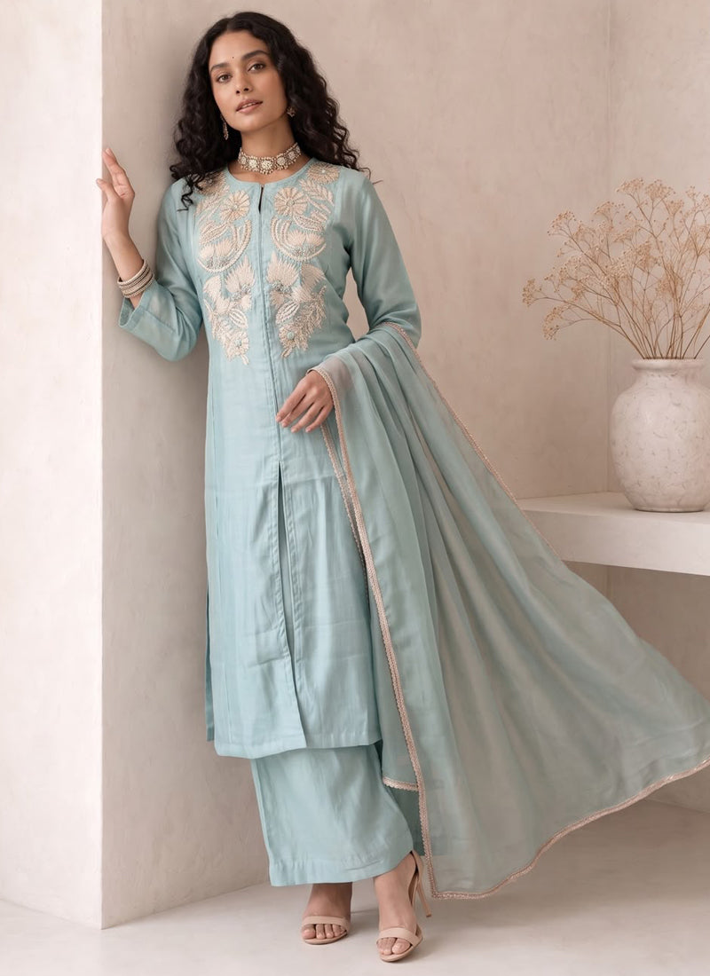 Vegaa Fashion Sky blue Embroidered Roman silk Salwar Suit | Grocsy