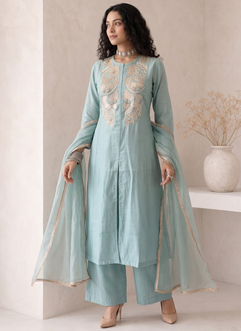 Vegaa Fashion Sky blue Embroidered Roman silk Salwar Suit | Grocsy