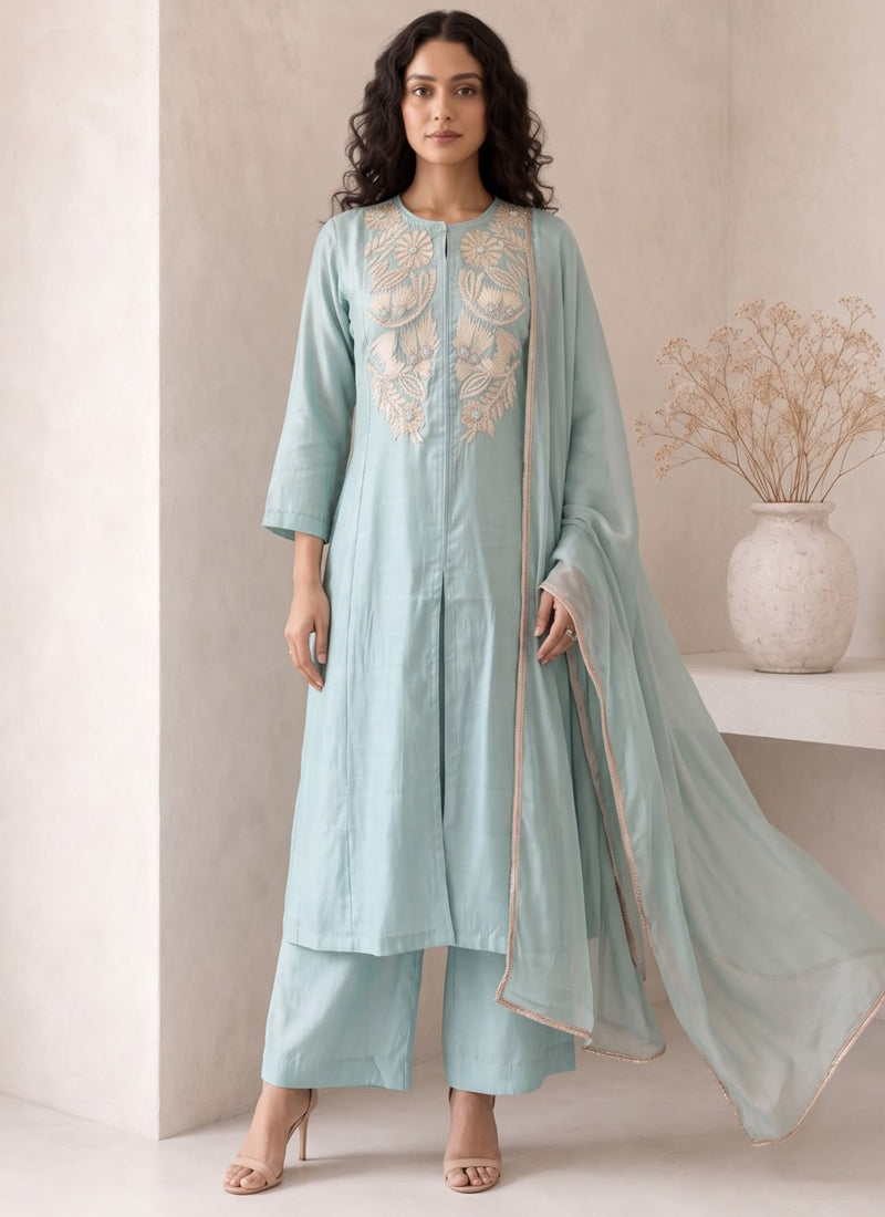 Vegaa Fashion Sky blue Embroidered Roman silk Salwar Suit | Grocsy