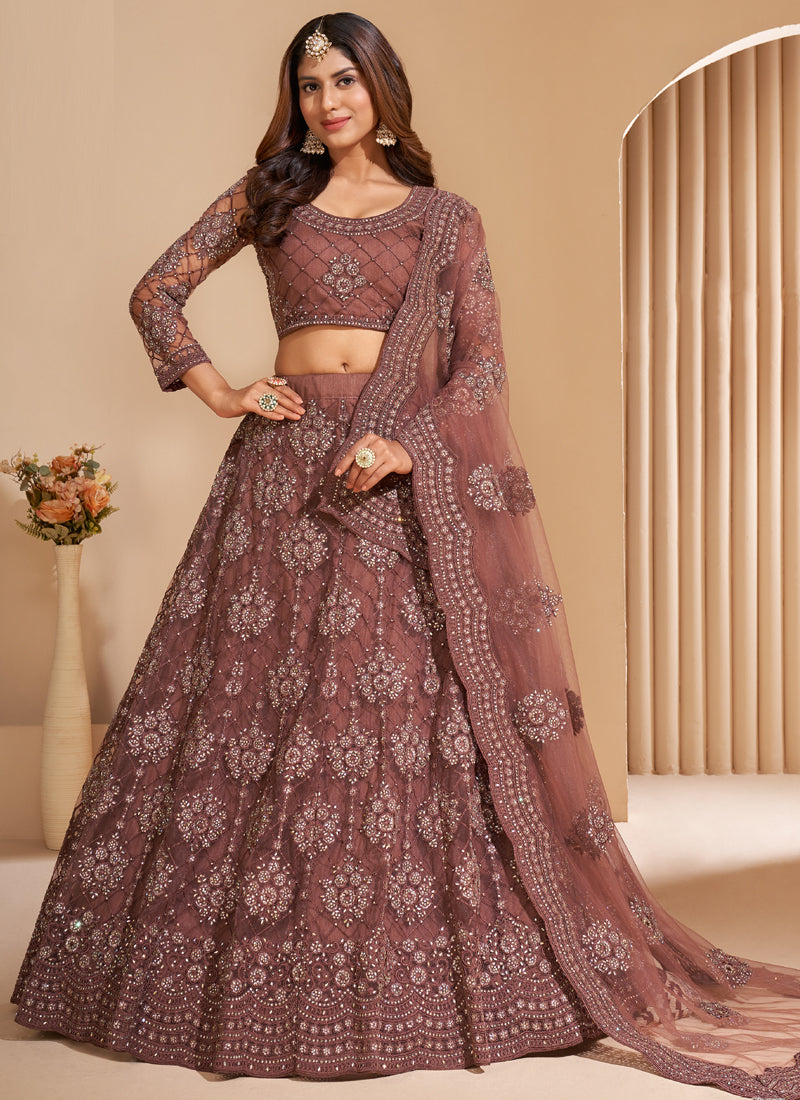 Vegaa Fashion Brown Net Embroidery Designer Lehenga Choli | Grocsy