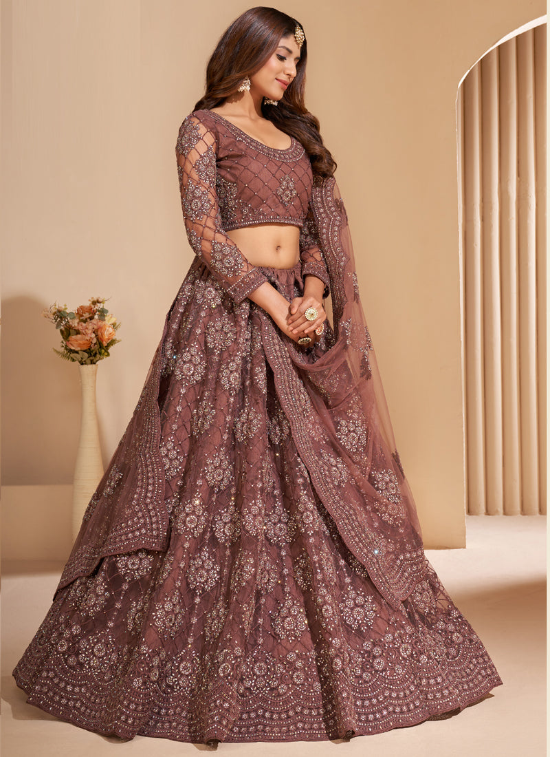 Vegaa Fashion Brown Net Embroidery Designer Lehenga Choli | Grocsy