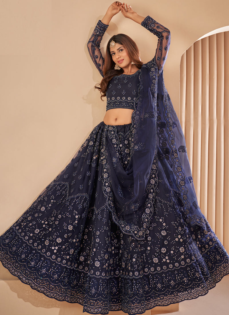 Vegaa Fashion Navy Blue Net Embroidery Designer Lehenga Choli | Grocsy