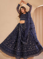 Vegaa Fashion Navy Blue Net Embroidery Designer Lehenga Choli | Grocsy