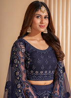 Vegaa Fashion Navy Blue Net Embroidery Designer Lehenga Choli | Grocsy