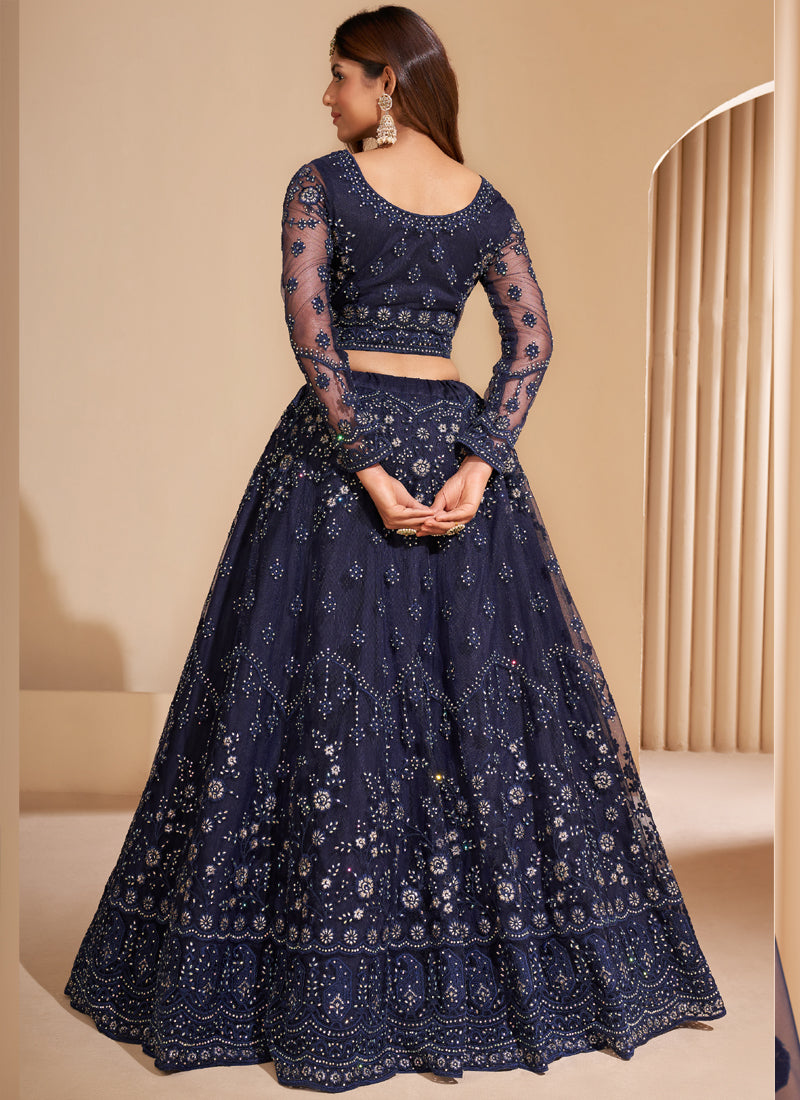 Vegaa Fashion Navy Blue Net Embroidery Designer Lehenga Choli | Grocsy