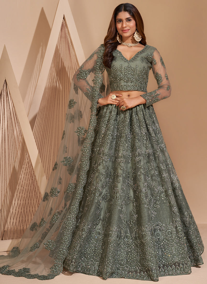 Vegaa Fashion Lime Green Net Embroidery Designer Lehenga Choli | Grocsy
