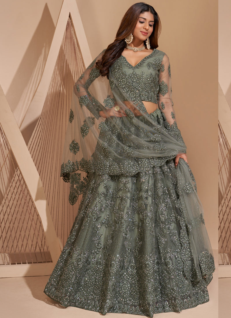 Vegaa Fashion Lime Green Net Embroidery Designer Lehenga Choli | Grocsy