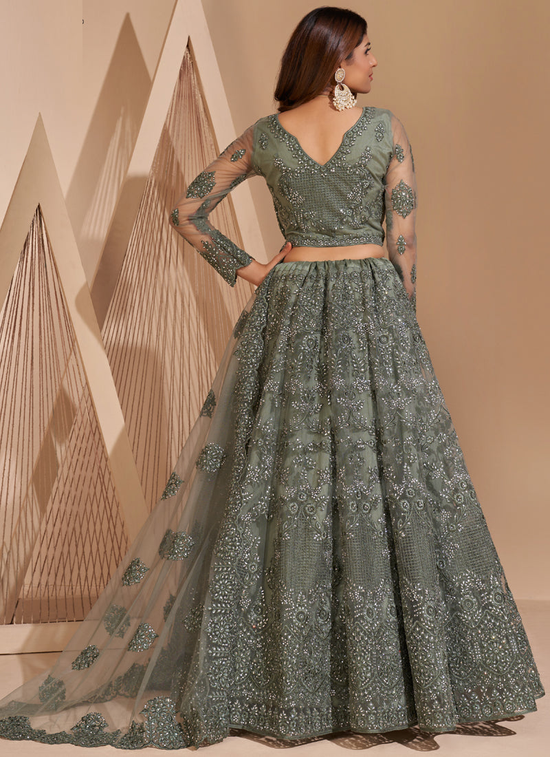 Vegaa Fashion Lime Green Net Embroidery Designer Lehenga Choli | Grocsy