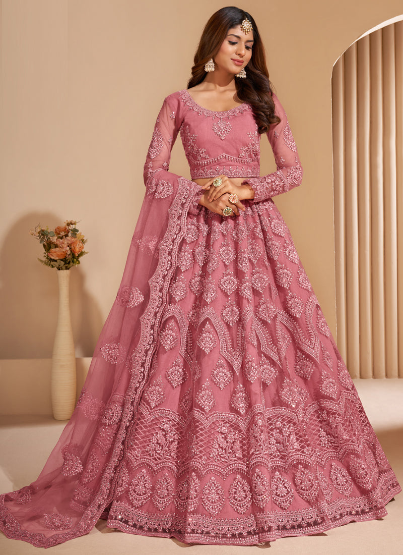 Vegaa Fashion Peach Net Embroidery Designer Lehenga Choli | Grocsy