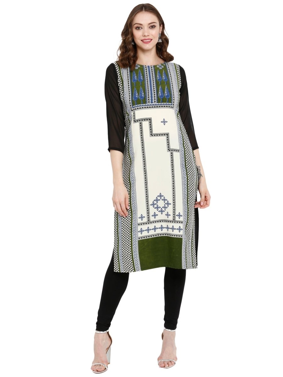 Ahalyaa Women Black & Cream-Coloured Printed Straight KurtI | Grocsy