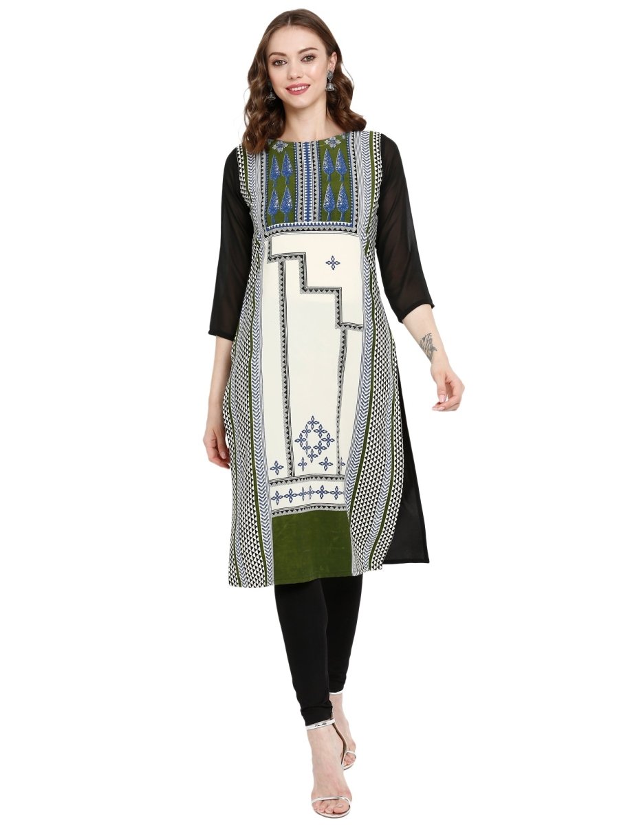 Ahalyaa Women Black & Cream-Coloured Printed Straight KurtI | Grocsy
