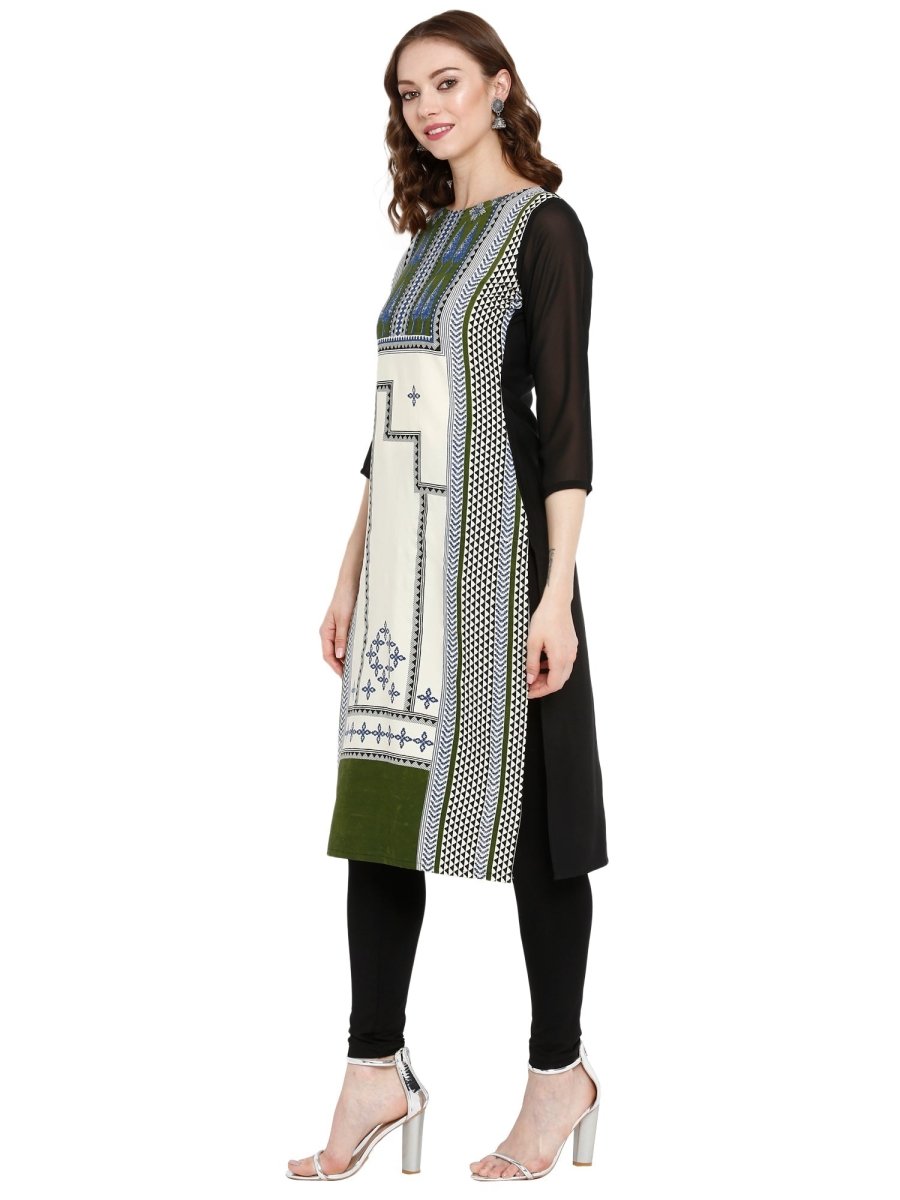 Ahalyaa Women Black & Cream-Coloured Printed Straight KurtI | Grocsy