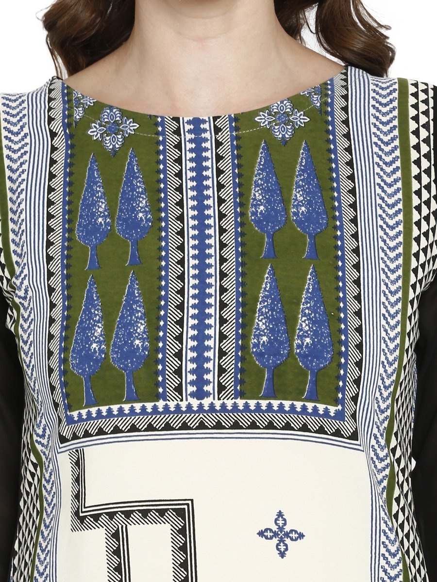 Ahalyaa Women Black & Cream-Coloured Printed Straight KurtI | Grocsy