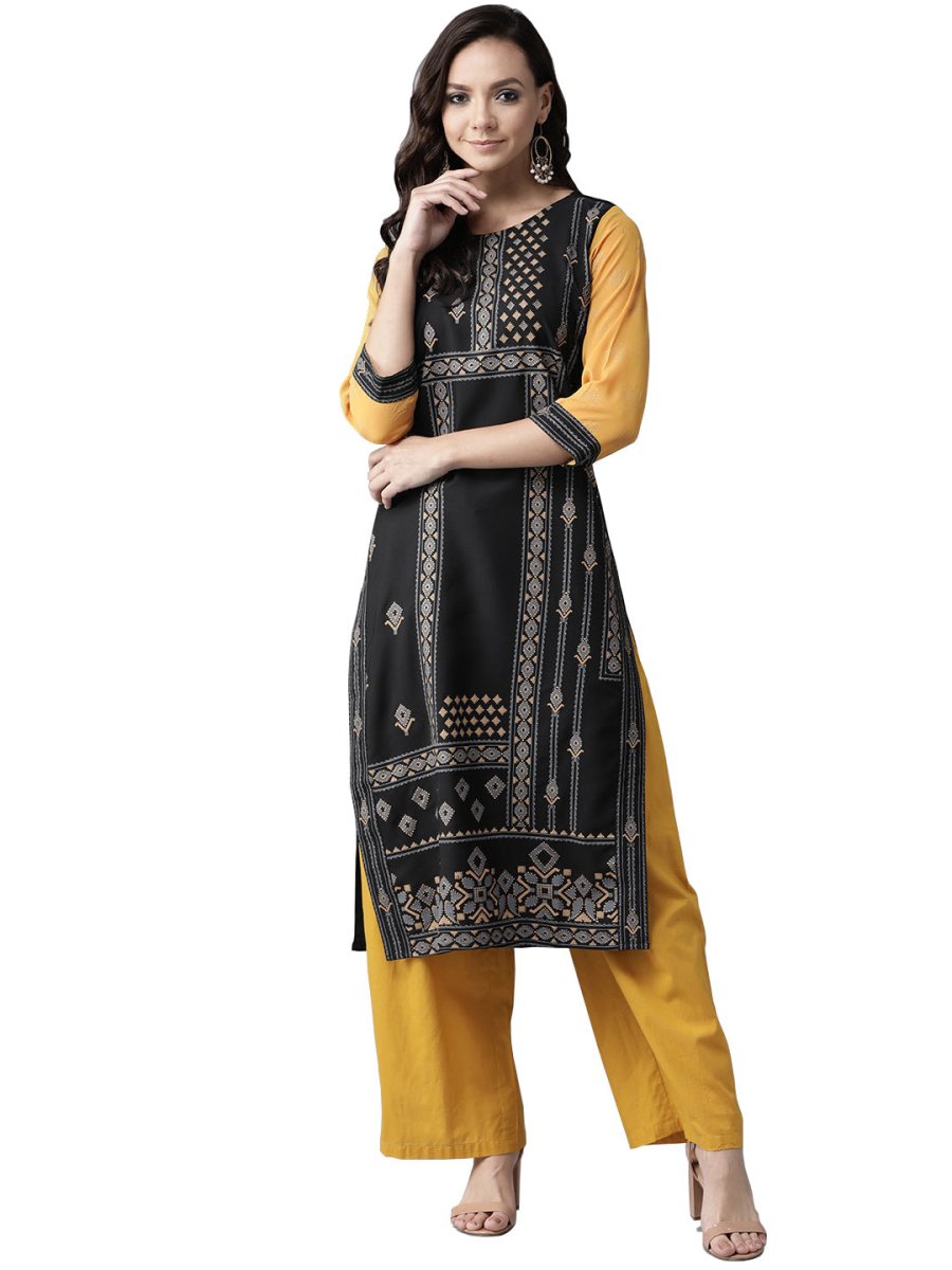 Ahalyaa Black & Grey Screen Print Straight Kurta | Grocsy