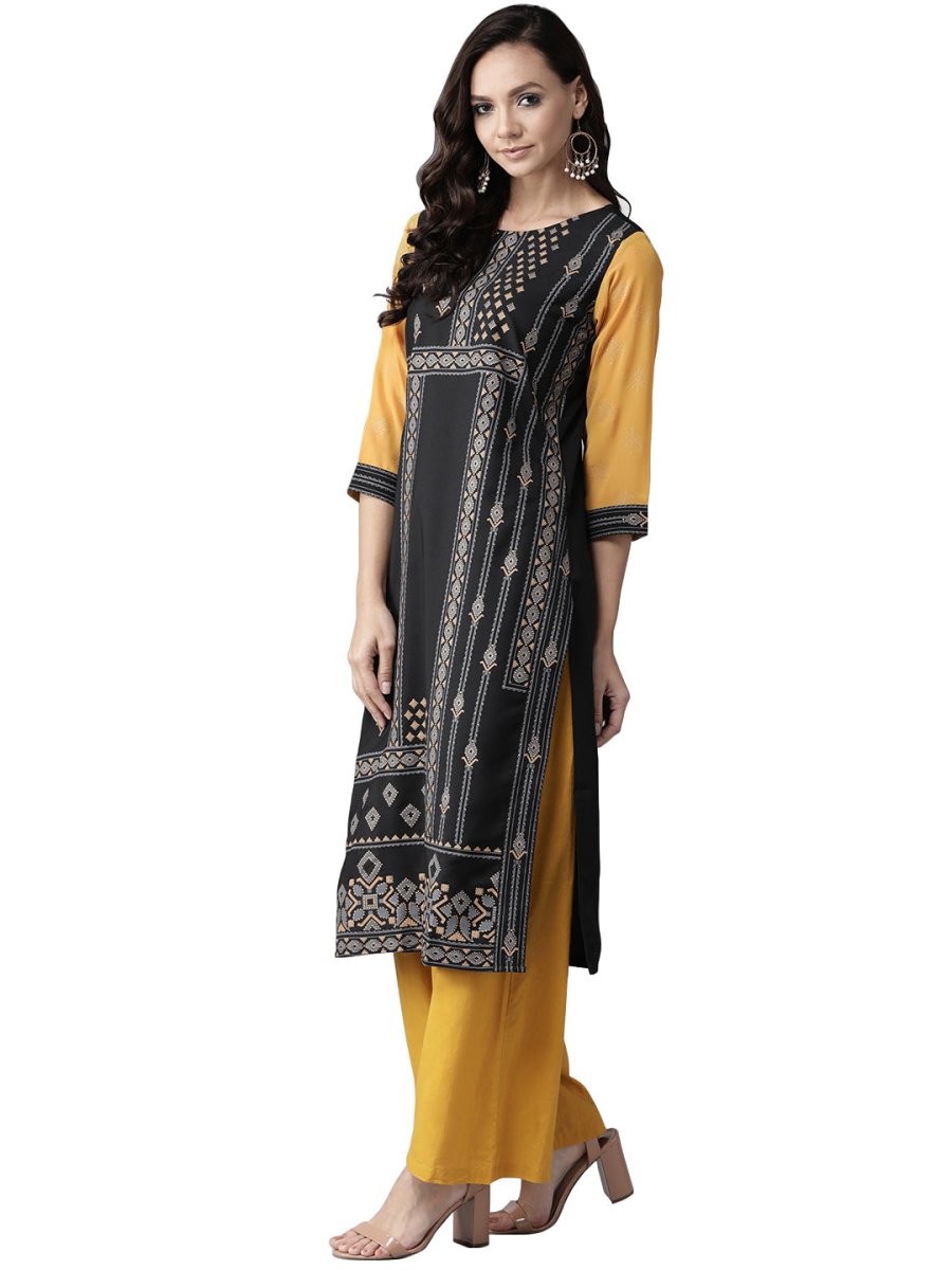 Ahalyaa Black & Grey Screen Print Straight Kurta | Grocsy