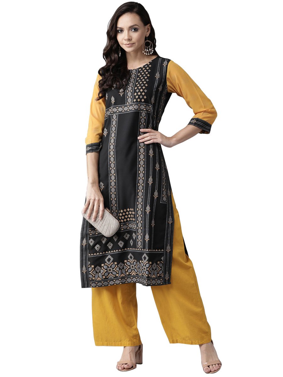 Ahalyaa Black & Grey Screen Print Straight Kurta | Grocsy