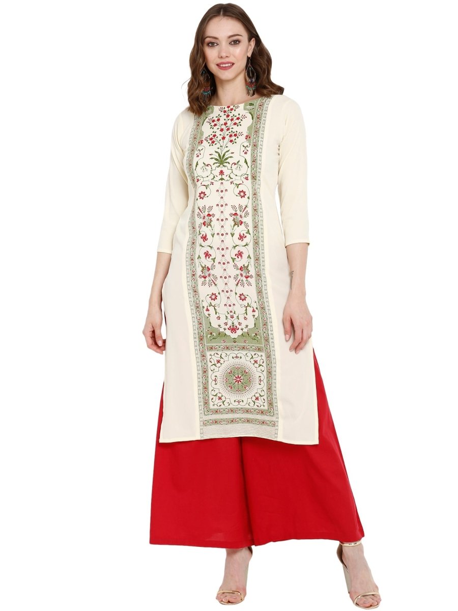 Ahalyaa Women Cream-Coloured Printed Straight Kurta | Grocsy
