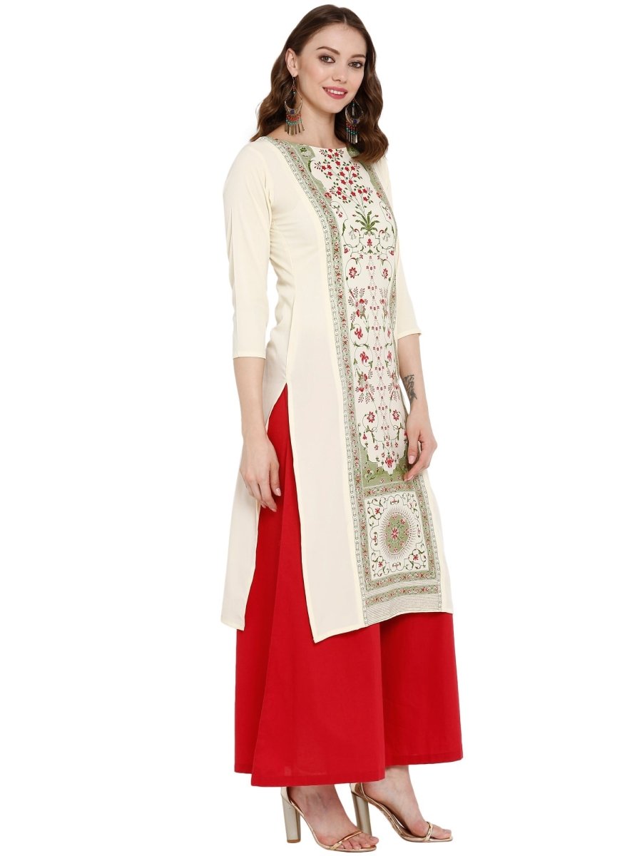 Ahalyaa Women Cream-Coloured Printed Straight Kurta | Grocsy
