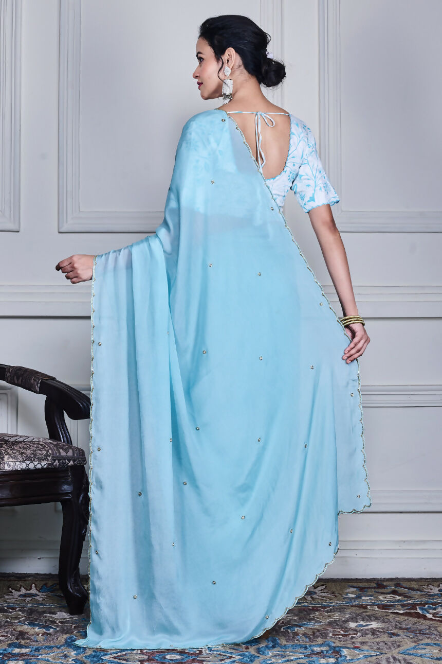 Morchari Blue Chiffon Hand Embroidery Saree And Stitched Blouse | Grocsy